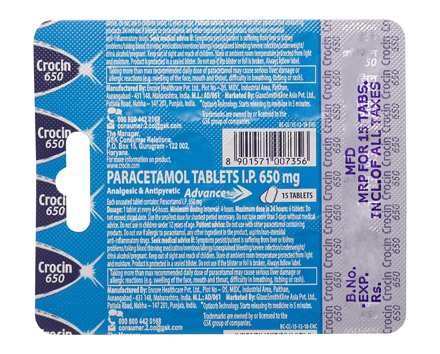 Crocin 650 Advance - 15 Tablets -  GSK - Medizzo.com