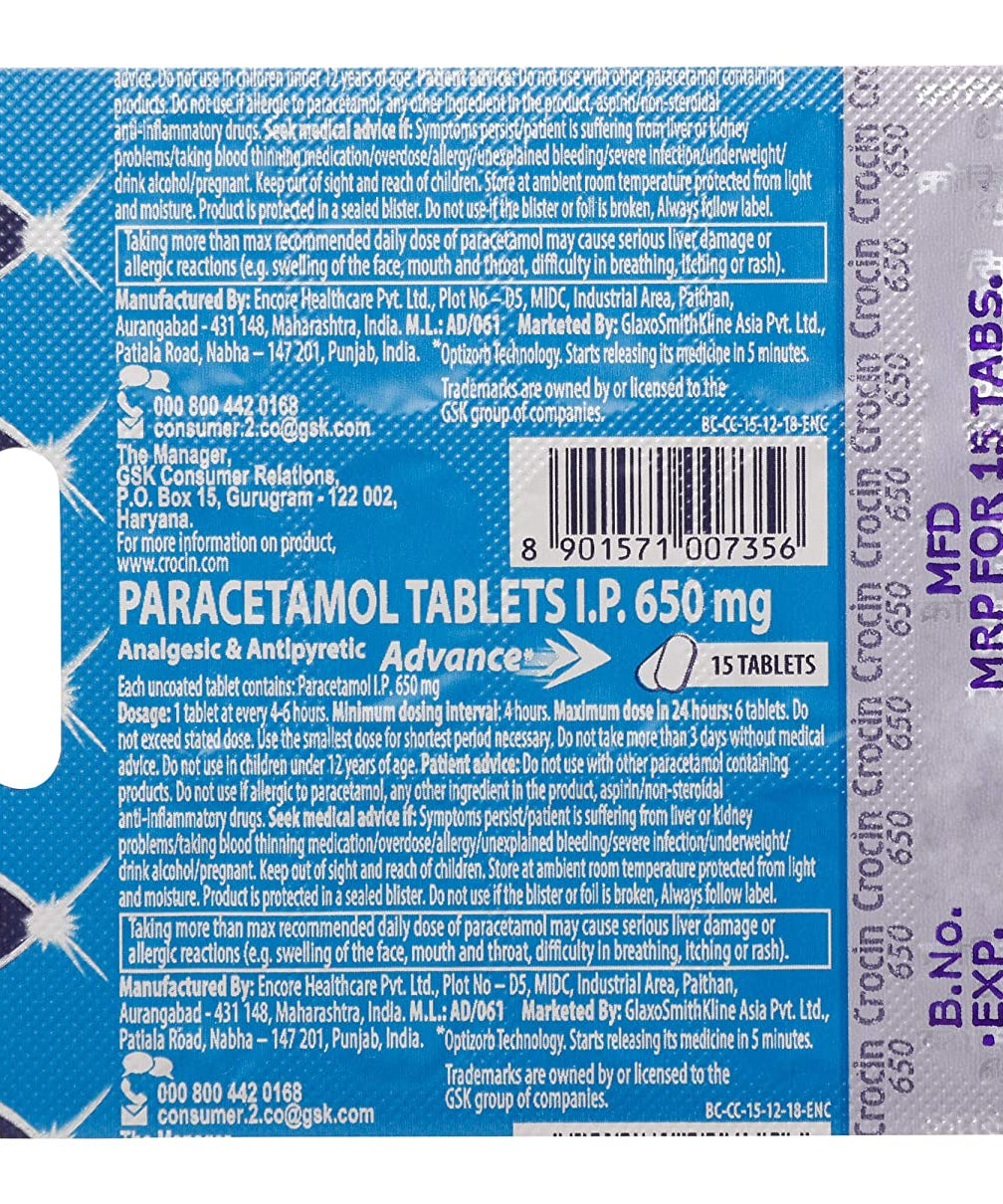 Crocin 650 Advance - 15 Tablets -  GSK - Medizzo.com